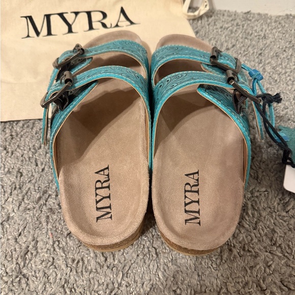 Myra Turquoise Hand-Tooled Sandals with Buckles - Picture 5 of 6